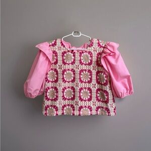 Entro NWT Women’s Pink Crochet-Panel Cropped Puff Sleeve Top Size M